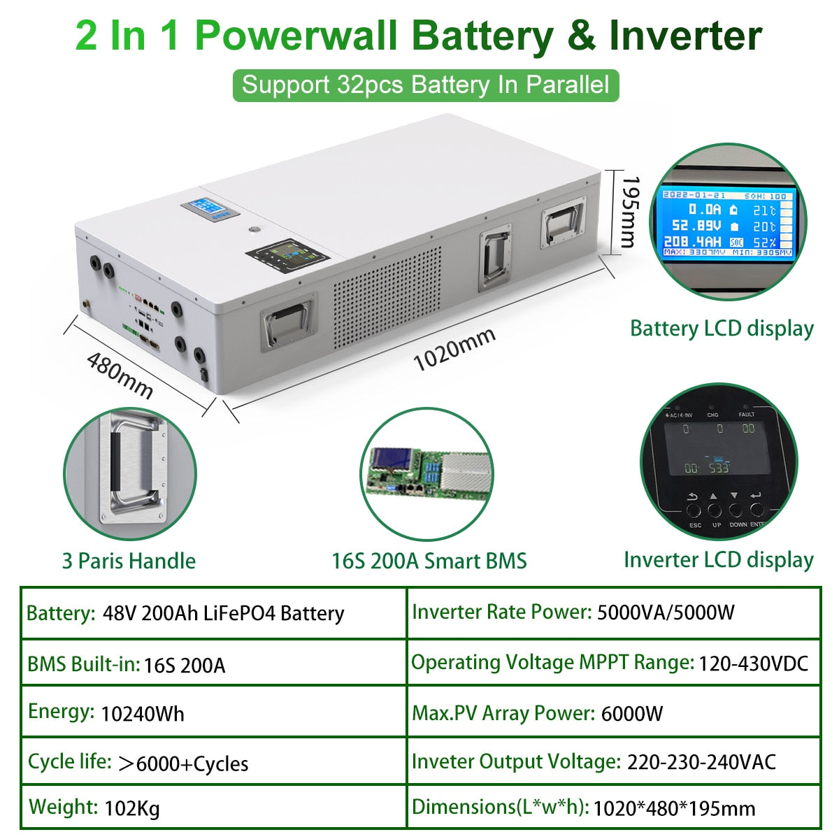 48V 200Ah LiFePO4 Powerwall Battery 10240Wh Built-in 16S 200A BMS 220-240VAC 5Kw Inverter Plug Play For Solar Off/On Grid NO TAX