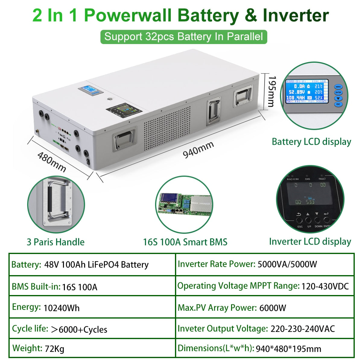 48V 200Ah LiFePO4 Powerwall Battery 10240Wh Built-in 16S 200A BMS 220-240VAC 5Kw Inverter Plug Play For Solar Off/On Grid NO TAX