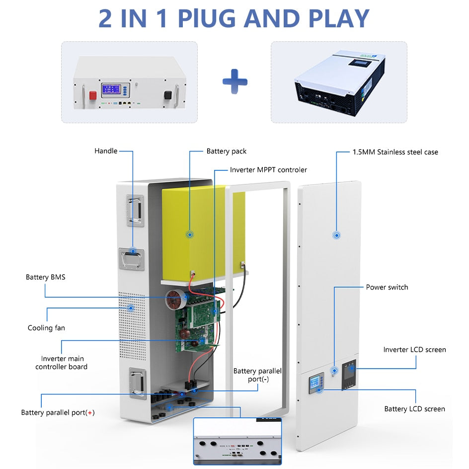 48V 200Ah LiFePO4 Powerwall Battery 10240Wh Built-in 16S 200A BMS 220-240VAC 5Kw Inverter Plug Play For Solar Off/On Grid NO TAX